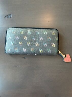 Dooney & Bourke Vintage Black Wallet with Multicolor Logo and Heart Charm